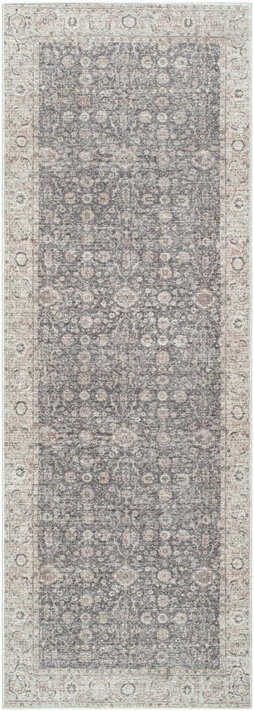 Close-up of the Spokane Maroon Area Rug. Farmhouse style rug with charcoal, ivory, and tan floral pattern and detailed border. Design-Runner