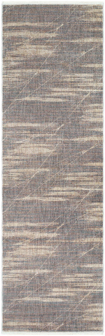 Close-up of the Utari Taupe Area Rug. Contemporary rug with horizontal lines in taupe, gray, dark red, and white. Design-Runner-3210