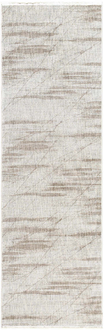 Close-up of the Utari Cream Area Rug, a contemporary rug with dark red, gray, and white horizontal line pattern. Design-Runner-3210