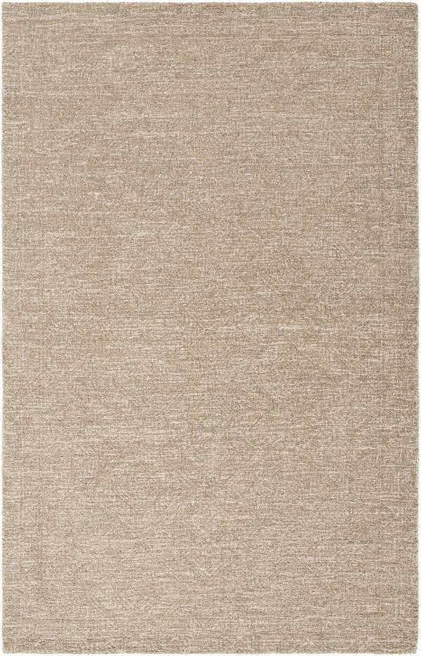 Close-up of the Balder Dust Area Rug. Neutral tan, ash, and desert sand tones create a subtle, textured shag design. Design-Rectangle-576
