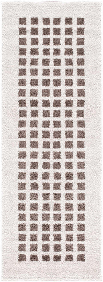 Close-up of a Baback Brown Washable Area Rug. The rug features a geometric pattern of brown rectangles on a cream background. Design-Runner-2773