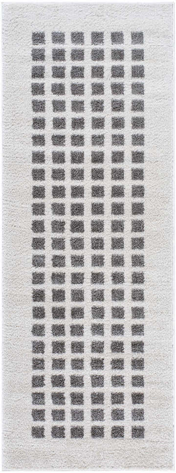 Close-up of Baback Charcoal Washable Area Rug. Features a grid pattern of charcoal squares on a light gray, textured background. Design-Runner-2773