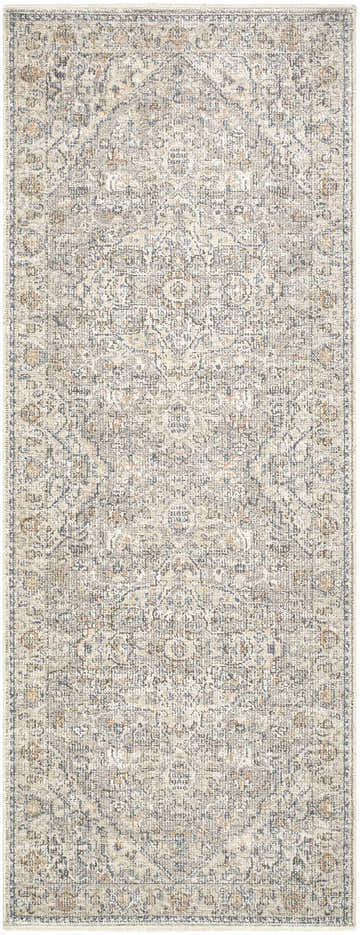 Close-up of the Galey Alix Maria Elena I Vintage Medallion Rug. Beige rug with dark red and navy traditional medallion pattern. Design-Runner-273