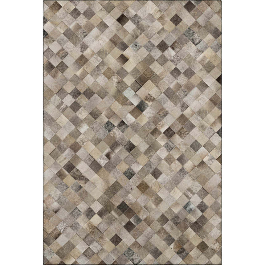 Close-up of the Dalyn Luxury Bozeman BM2 Gray Washable Area Rug. Features a patchwork diamond pattern in beige, black, and taupe.