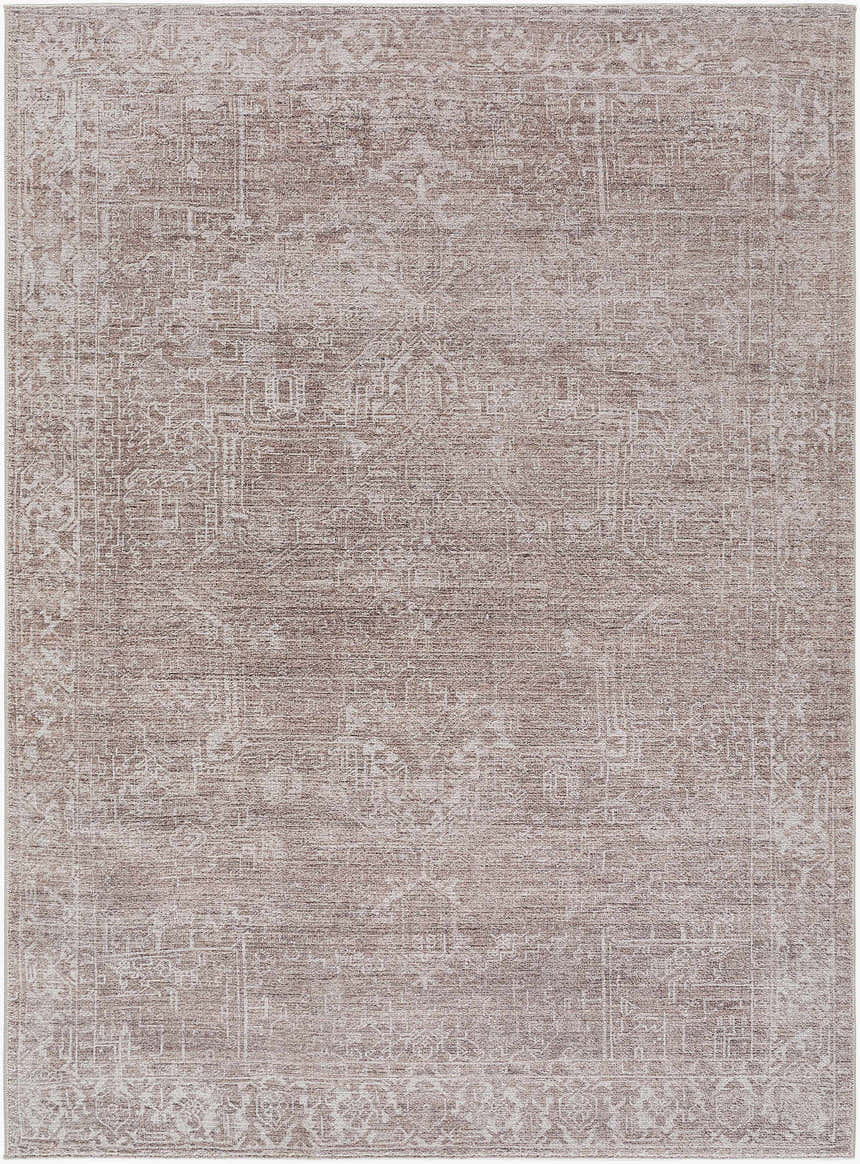 Close-up of the Collins Avenue Machine Woven Galey Alix x LIVABLISS GACA-2305 Area Rug. Dark brown and ivory traditional pattern. Design-Rectangle-527
