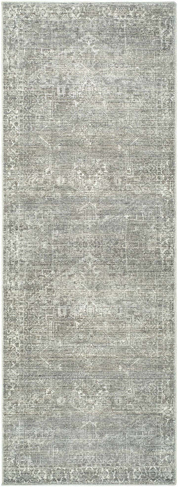 Close-up of the Galey Alix Collins Avenue VII Vintage Medallion Rug. Gray, green, and ivory farmhouse style rug with a traditional pattern. Design-Runner-2773