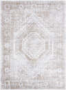 Close-up of the Bienne Washable Area Rug. Beige and tan farmhouse style rug with traditional geometric patterns. Design-Rectangle-537