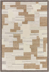 Close-up of the Berker Area Rug. Hand-tufted wool rug with a contemporary geometric pattern in beige, cream, taupe, and charcoal. Design-Rectangle-576
