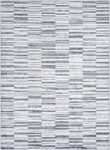 Close-up of Bronco Broken Striped Area Rug. Contemporary design with black, charcoal, gray, ivory, and peach stripes. Design-Rectangle-527
