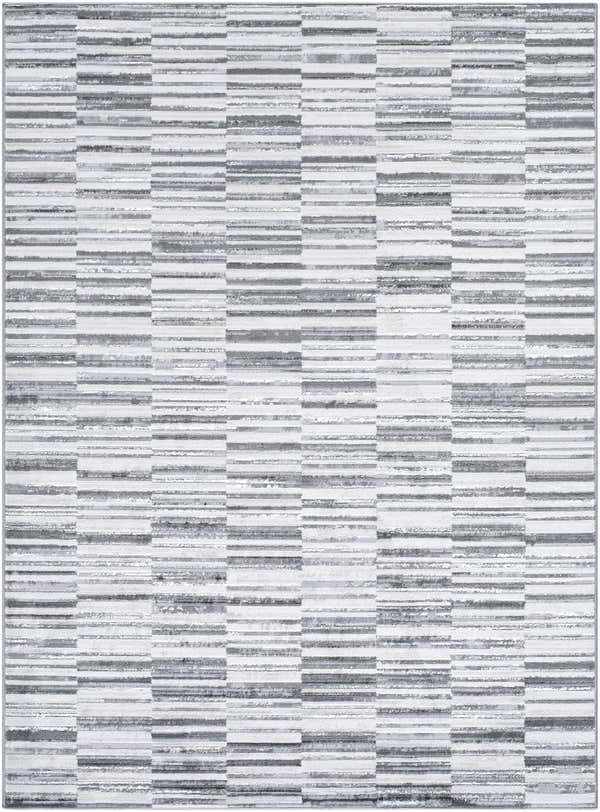 Close-up of Bronco Broken Striped Area Rug. Contemporary design with black, charcoal, gray, ivory, and peach stripes. Design-Rectangle-527