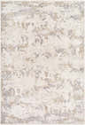 Close-up of the Brigit Area Rug. Southwestern style rug in cream, charcoal, gray, olive and tan with a distressed pattern. Design-Rectangle-6796