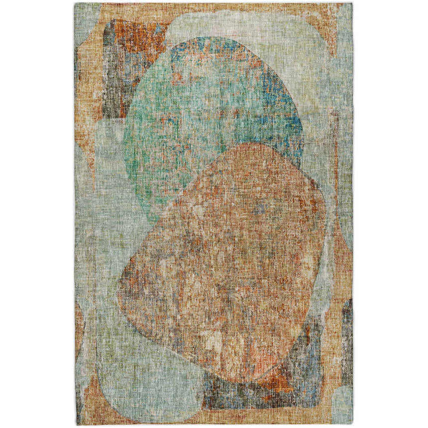Dalyn Luxury Boca BO11 Teal Washable Area Rug with beige, caramel, and paprika abstract design.