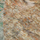 Close-up of the Dalyn Luxury Boca BO11 Teal Washable Area Rug. Features beige, caramel, paprika, sage, and teal colors.