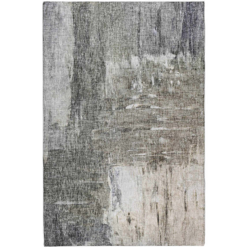 Close-up of Dalyn Luxury Boca BO2 Gray Washable Area Rug. Abstract design with beige, chestnut, fudge, and taupe colors.