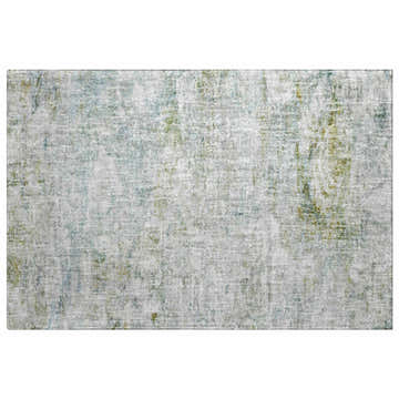 Close-up of Dalyn Luxury Boca BO3 Seafoam Washable Area Rug. Features beige, sage, teal, and gold distressed pattern.