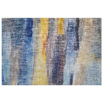 Dalyn Luxury Boca BO4 Blue Washable Area Rug with beige, chestnut, denim, gold, and navy vertical stripes.