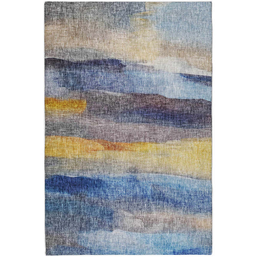 Abstract design of the Dalyn Luxury Boca BO4 Blue Washable Area Rug with beige, blue, and gold hues.
