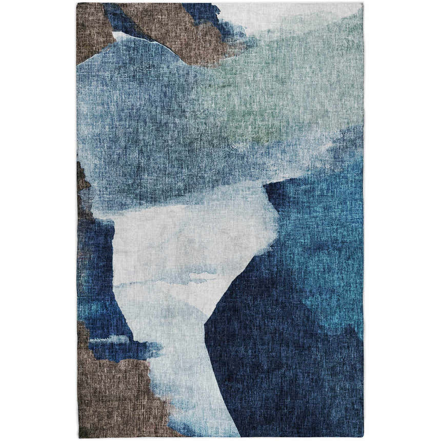 Dalyn Luxury Boca BO7 Denim Washable Area Rug with abstract shapes in denim, teal, chestnut, and dark brown.