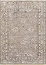 Detailed shot of the Bolitoc Area Rug in brown, charcoal, ivory, pale blue, and sage with a traditional oriental pattern. Design-Rectangle-537