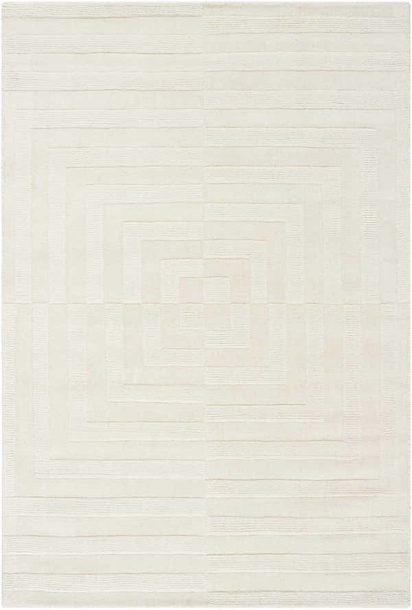 Close-up of the cream Armina Area Rug featuring a contemporary geometric pattern and hand-loomed wool texture. Design-Rectangle-576