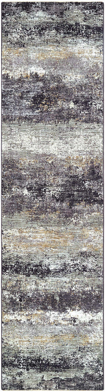 Close-up of the Behzad Medium Gray Area Rug. Features a horizontal pattern in black, charcoal, gray, ivory, and tan hues. Design-Runner-2710