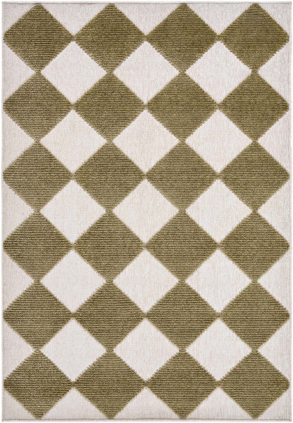Close-up of Bosley Olive Washable Area Rug. Features a diamond pattern with off-white and olive colors. Contemporary style. Design-Rectangle-57