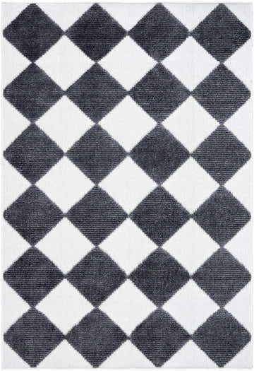 Close-up of Bosley Black Washable Area Rug, featuring a contemporary black and off-white diamond pattern. Design-Rectangle-57