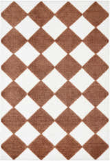 Close-up of the Bosley Brown Washable Area Rug featuring a brown and off white diamond pattern. Contemporary style. Design-Rectangle-57