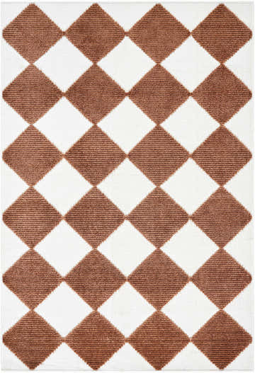 Close-up of the Bosley Brown Washable Area Rug featuring a brown and off white diamond pattern. Contemporary style. Design-Rectangle-57