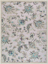 Close-up of the Benita Area Rug. Coastal style rug with aqua, cream, and light brown floral pattern. Design-Rectangle-710103