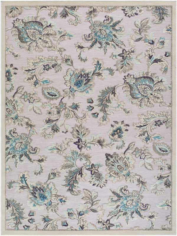 Close-up of the Benita Area Rug. Coastal style rug with aqua, cream, and light brown floral pattern. Design-Rectangle-710103