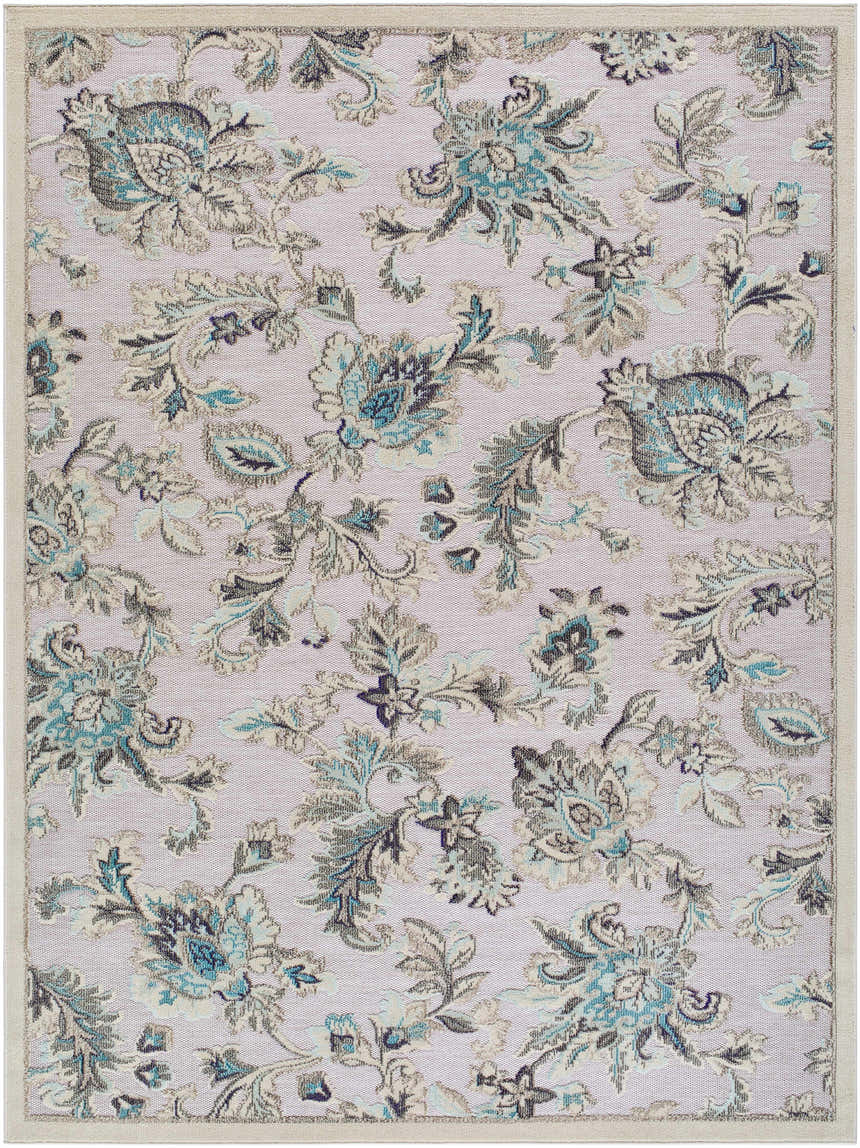 Close-up of the Benita Area Rug. Coastal style rug with aqua, cream, and light brown floral pattern. Design-Rectangle-710103