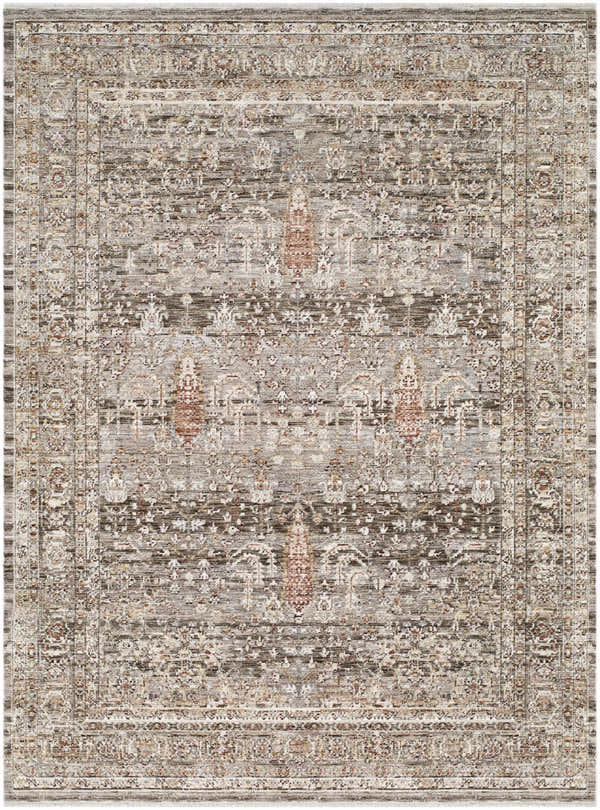 Detailed Brycen Area Rug close-up. Traditional pattern in cream, dark brown, red, gray, and mustard tones. Design-Rectangle-537