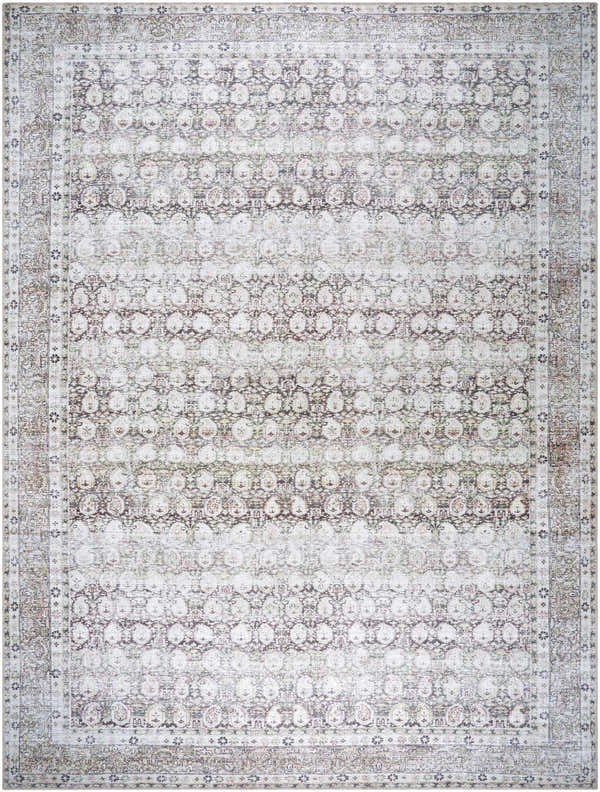 Close-up of the Bartek Washable Area Rug. Machine-woven with an off-white base and navy, traditional-style pattern. Farmhouse feel. Design-Rectangle-810