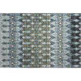 Close-up of the Dalyn Brisbane BR1 Mineral Blue rug. Features an abstract geometric pattern in mineral blue, navy, olive, and taupe.