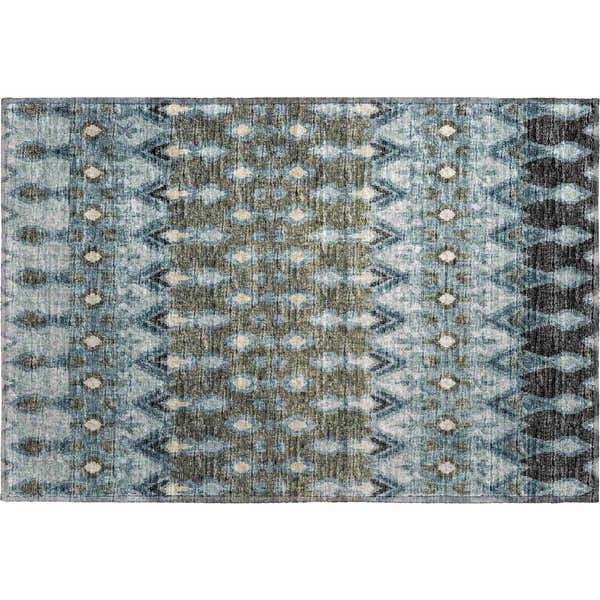 Close-up of the Dalyn Brisbane BR1 Mineral Blue rug. Features an abstract geometric pattern in mineral blue, navy, olive, and taupe.