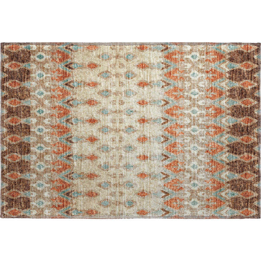 Dalyn Brisbane BR1 Mocha rug with beige, brown, paprika, and light blue geometric pattern. Washable, non-skid polyester rug.
