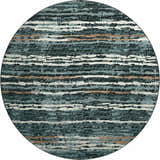 Close-up of round Dalyn Brisbane BR4 Midnight rug. Features beige, light brown, and midnight horizontal stripes.