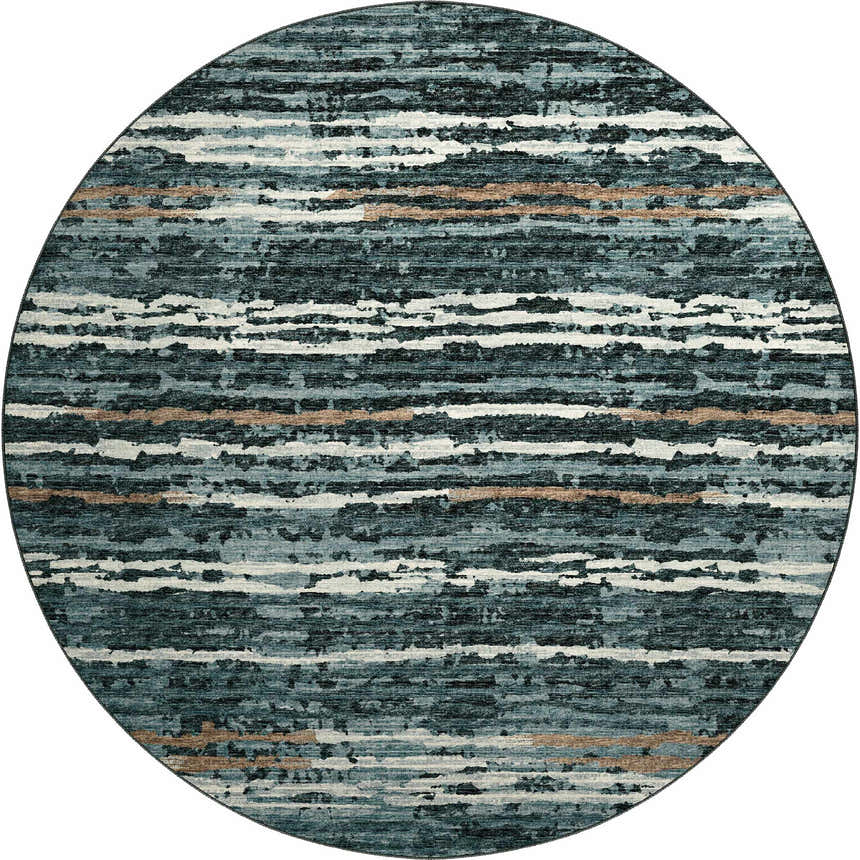 Close-up of round Dalyn Brisbane BR4 Midnight rug. Features beige, light brown, and midnight horizontal stripes.