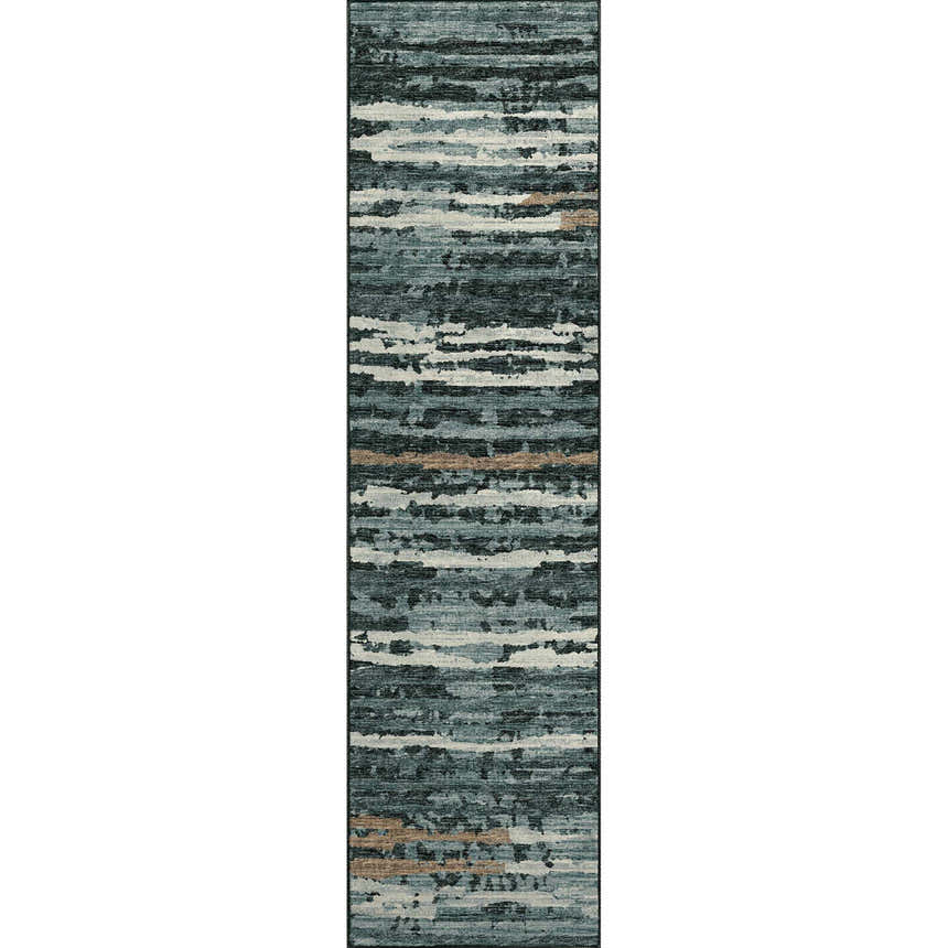 Dalyn Brisbane BR4 Midnight Washable Area Rug with beige, brown, and midnight horizontal stripes.