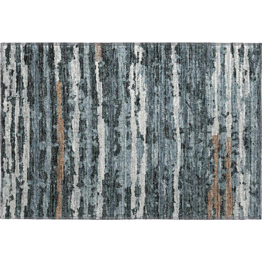 Close-up of Dalyn Brisbane BR4 Midnight Washable Area Rug. Features beige, light brown, midnight, and taupe vertical stripes.