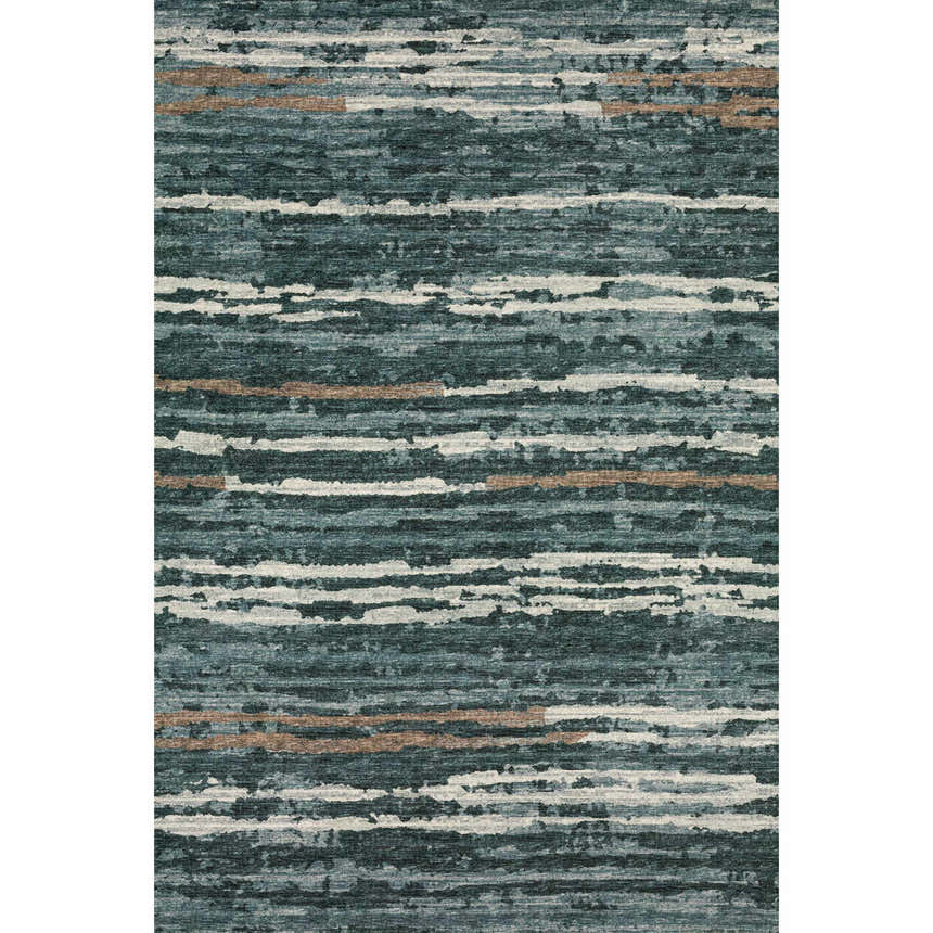 Close-up of the Dalyn Brisbane BR4 Midnight Washable Area Rug, featuring beige, light brown, midnight, and taupe horizontal stripes.
