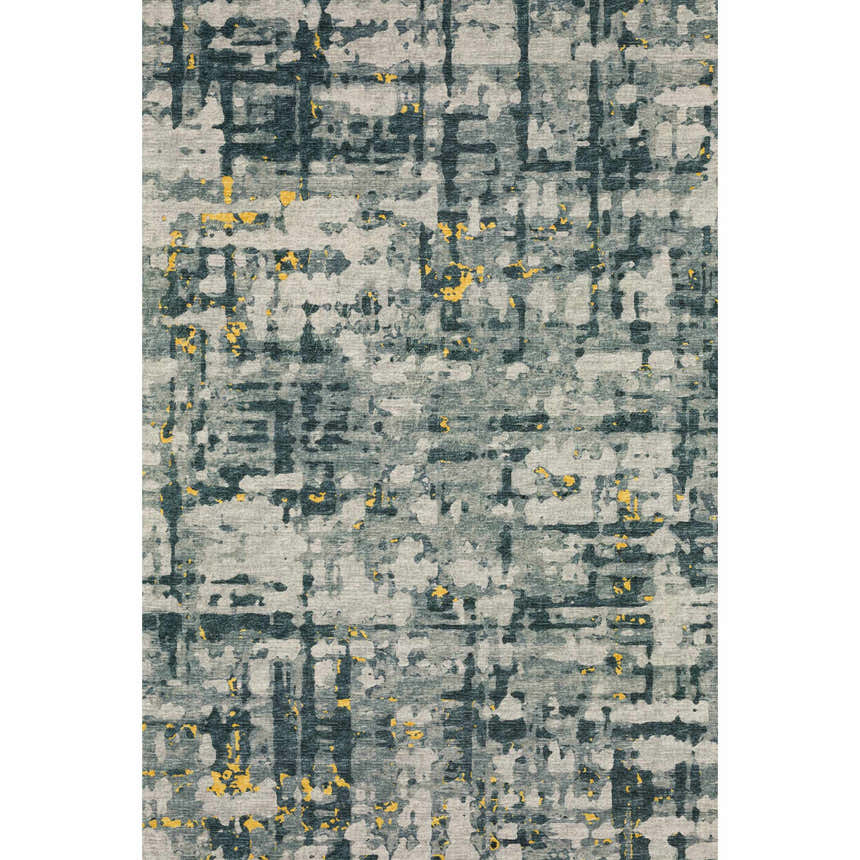 Close-up of the Dalyn Brisbane BR5 Gold Washable Area Rug featuring a gold, taupe, and yellow abstract pattern.