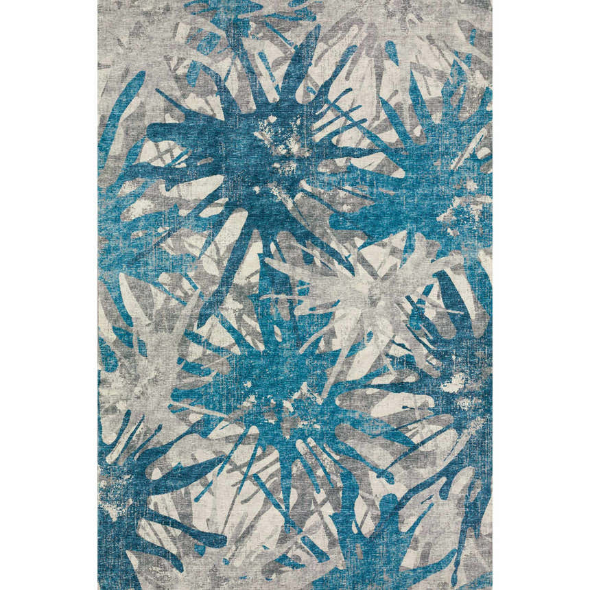 Close-up of the Dalyn Brisbane BR6 Cobalt Washable Area Rug. Features a splashy blue, navy, and taupe abstract pattern.