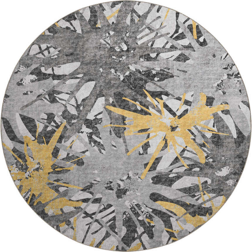 Round Dalyn Brisbane BR6 Gold Washable Area Rug with abstract gold, taupe, and gray pattern. Casual style.