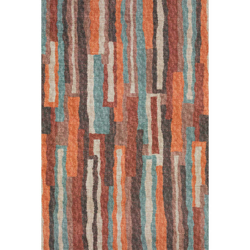 Close-up of Dalyn Brisbane BR7 Canyon Washable Area Rug. Abstract vertical stripes in beige, brown, paprika, and spa blue.