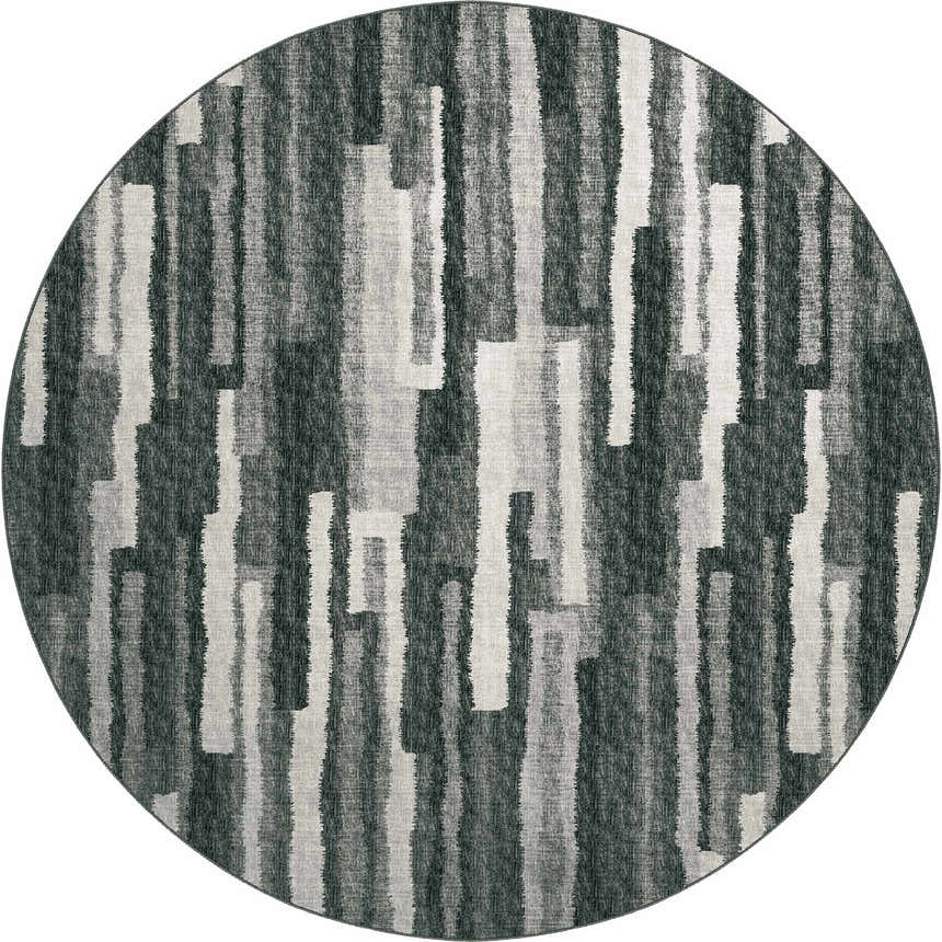 Close-up of the round Dalyn Brisbane BR7 Midnight Washable Area Rug. Features beige, midnight, and taupe vertical stripes.