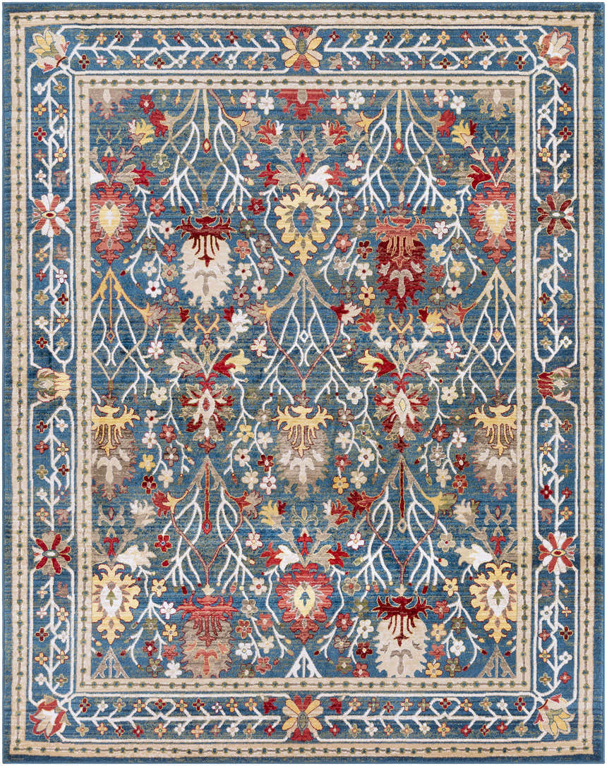 Detailed floral pattern of the Livabliss Crafty Surya CRT-2308 area rug in blue, burgundy, tan, and white. Design-Rectangle-710910