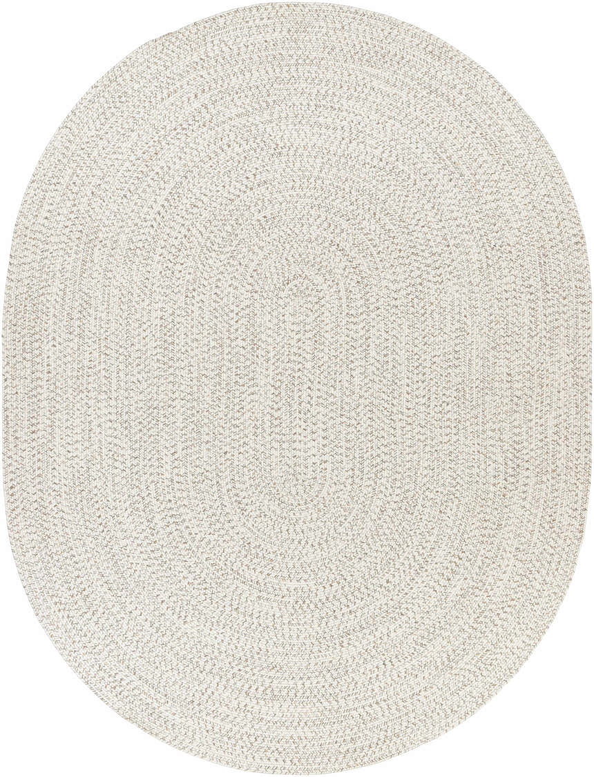 Close-up of Beige Braided Faux Jute Rug showing braided texture and neutral bleached jute, brown, and cream colors. Design-Oval-7596