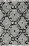 Close-up of the Brownhills rug. Hand woven cotton and wool rug with black and cream geometric diamond pattern. Design-Rectangle
